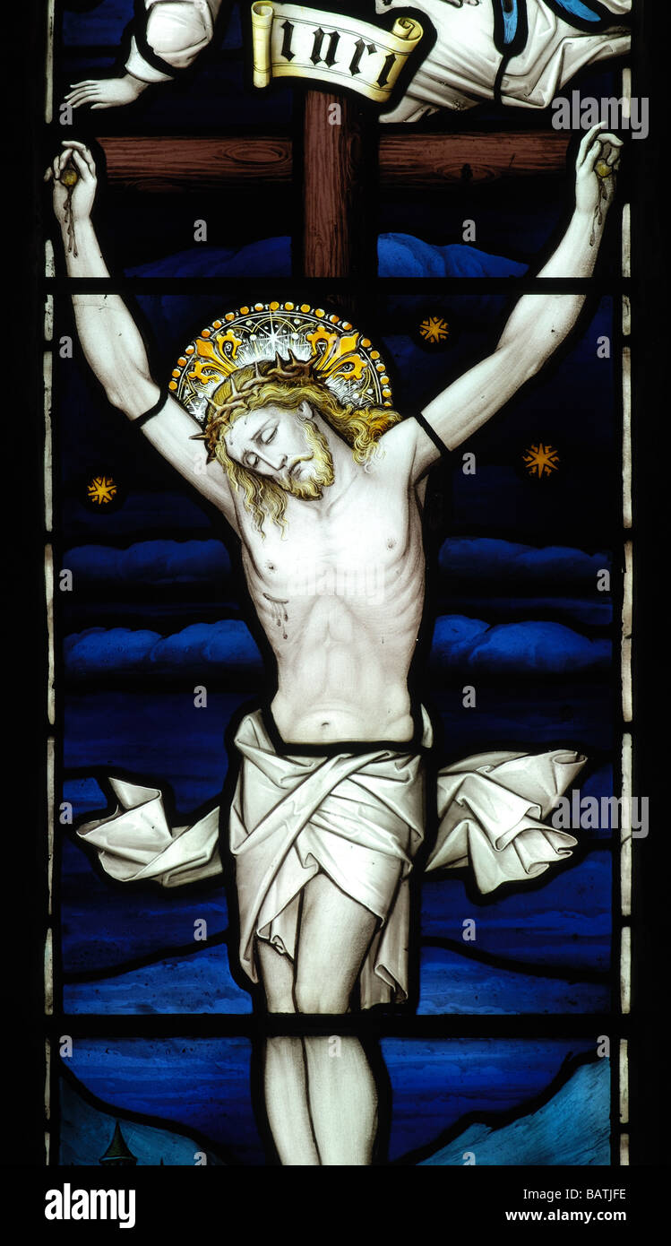 Crucifixion stained glass, St.Michael`s Church, Weston-under-Wetherley, Warwickshire, England, UK Stock Photo